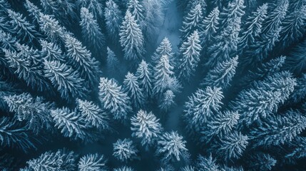 Aerial view of pine trees covered with hoarfrost in winter forest