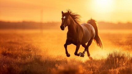 Obraz na płótnie Canvas Horse Galloping in Sunset Field