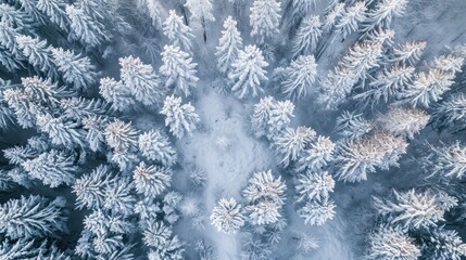 Aerial view of winter forest covered with hoarfrost and snow