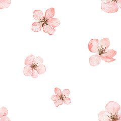 Seamless pattern with blooming cherry blossom, flowering sakura, spring apple. Floral watercolor background. Perfect for design templates, wallpaper, wrapping, fabric and textile