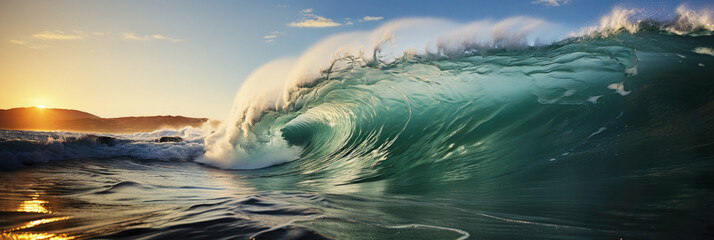 Panoramic seascape image of a powerful curling breaking wave, nature background HD wallpaper