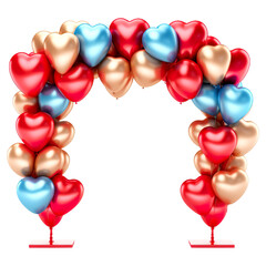 Balloons in shape heart, arch with celebration design, isolated on transparent or white background