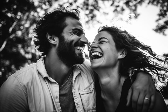 Lifestyles, relationship and multicultural concept. Happy young and beautiful couple walking and laughing in public park. Joyful mood. Outdoors park and nature in background. Black and white image
