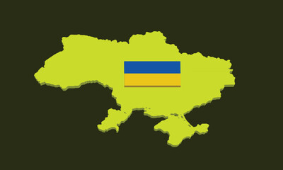 3D isometric map of the country of Ukraine complete with flag symbols and emblems, on a dark yellow background
