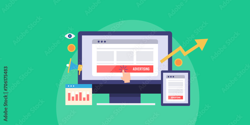 Poster user hand clicks on display advertising banner, cross platform targeting ad displays on digital devi