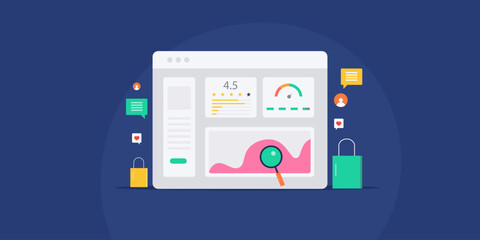 Customer feedback, CRM management application interface, ecommerce sales and inventory data business analytics dashboard vector illustration.