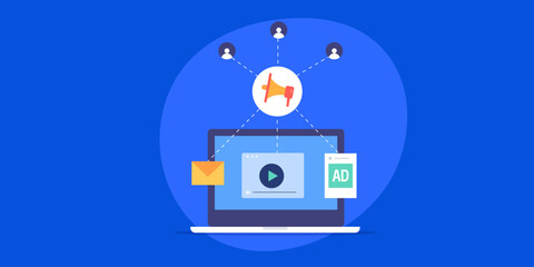 Audience outreach with email, video content and social media advertising, business conducts digital marketing campaign, growth strategy vector illustration concept.