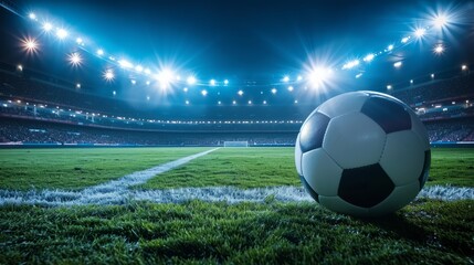 Soccer Ball on Pitch Under Stadium Lights at Night