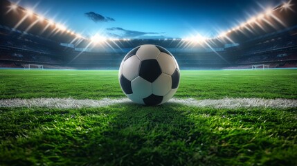 Fototapeta premium Soccer Ball Center Field with Stadium Lights