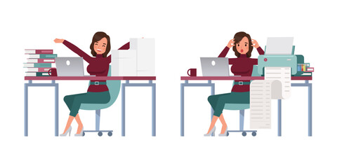 Fototapeta premium Set of working woman wear red sweater color character vector design. Presentation in various action. Businesswoman working in office planning, thinking and economic analysis.