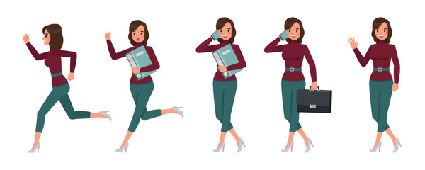 Fototapeta na wymiar Set of working woman wear red sweater color character vector design. Presentation in various action. Businesswoman working in office planning, thinking and economic analysis.