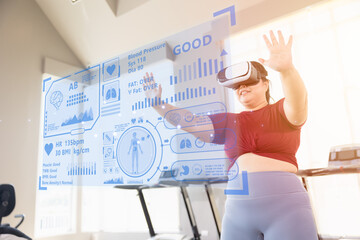 fat women using smart health information VR headset showing overlay body info data fitness...