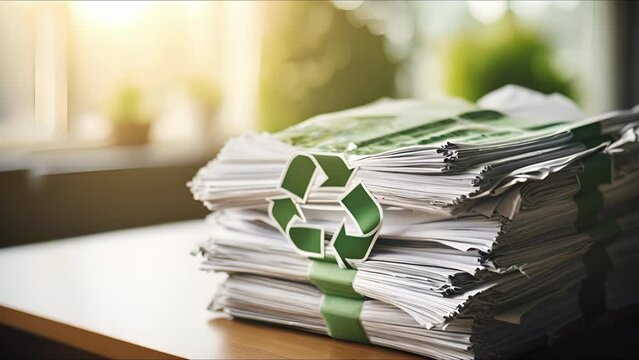 Closeup of a stack of paper with the recycling symbol, promoting the importance of paper recycling.