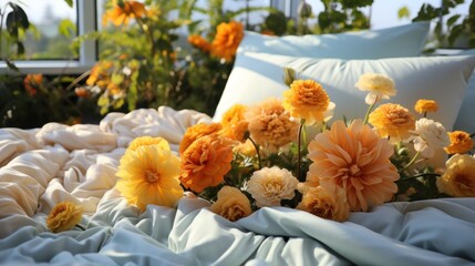 bed and pillows with bedroom, beautiful flower plants with view from the window
