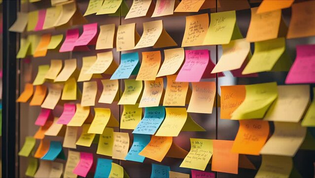 Closeup of a stack of colorful postit notes with handwritten reminders for the digital nomad.