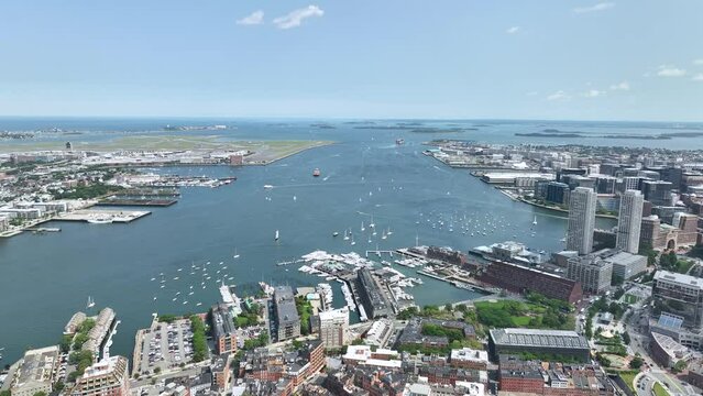 Drone shot of Boston's waterways opening up to the Atlantic Ocean.