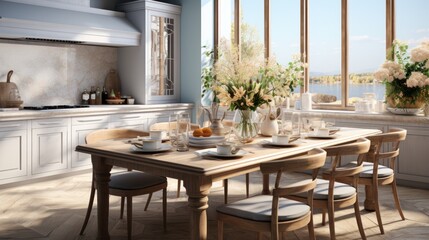 Fototapeta na wymiar the appearance of a kitchen table decorated with flower vases in a bright and luxurious kitchen