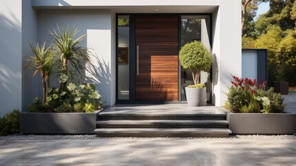 Brown modern house entrance with contemporary gray and white facade - obrazy, fototapety, plakaty