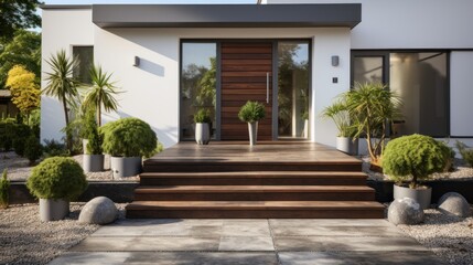 Fototapeta na wymiar Brown modern house entrance with contemporary gray and white facade