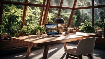 Modern home workspace with wooden desk and laptop near large window and green space