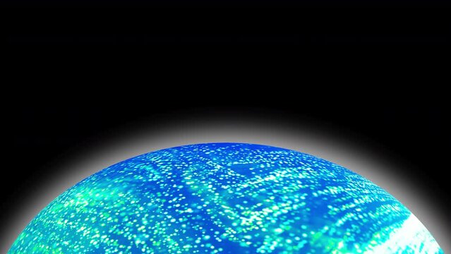 Huge rotating blue green planet graphic with spotted surface and aura