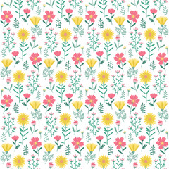 Floral Seamless Pattern of Flowers and Leaves in Yellow, Green and Pink on White Background. Wallpaper Design for Textiles, Fabrics, Papers Prints, Fashion Backgrounds, Wrappings, Packaging.
