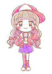 原宿ストリート系、ゆめかわファッションの女の子イラスト