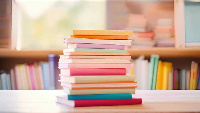 Closeup of a stack of colorful books about child development and parenting strategies in an online support group.