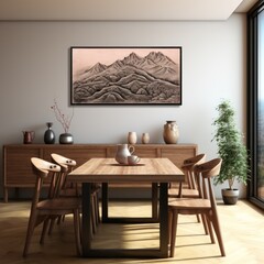 dining room wooden table, teapot and mug, paintings on the walls, and elegant decoration accessories