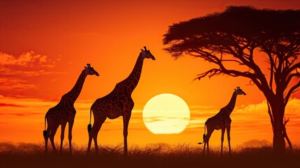 silhouette of giraffe in savana at sunset