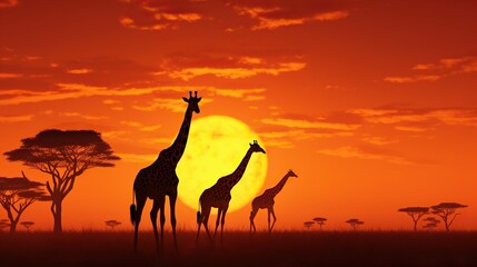 Fototapeta na wymiar silhouette of giraffe in savana at sunset