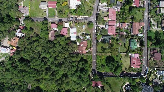 An aerial shot of an upper middle class neighborhood in the suburbs of Latin America.