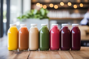 Detox juices displayed on a wooden table.