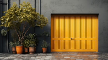 Yellow iron garage door and industrial warehouse facade with gray concrete walkway and plants in pot