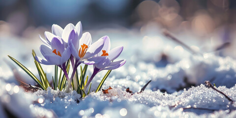 Close-up of crocus flowers growing from under the snow, concept of upcoming springtime