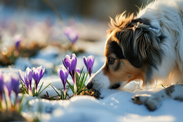 Dog walking outdoors in early spring day and sniffing crocus flowers