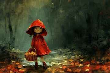 Illustration of little red riding hood, cartoon and books personage of fairytale - obrazy, fototapety, plakaty