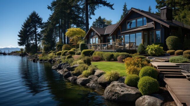 Magnificent waterfront home with ocean or lake views, expansive deck, front porch