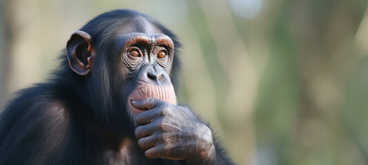 chimpanzee thinking with hand on its chin, staring thoughtfully, curious like asking a question, sitting and relax in the nature Concept biodiversity and wildlife conservation