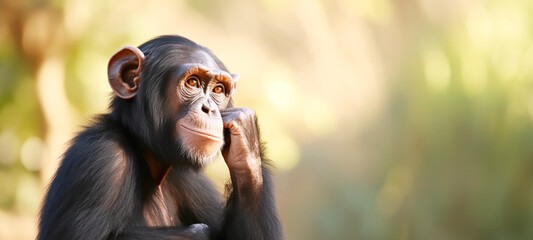 chimpanzee thinking with hand on its chin, staring thoughtfully, curious like asking a question, sitting and relax in the nature Concept biodiversity and wildlife conservation