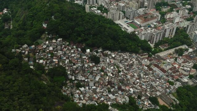 Aerial view of Rio favelas in Copacabana contrast of urban architecture, Slums and urban cityscape contrast, Rio de Janeiro, Brazil
