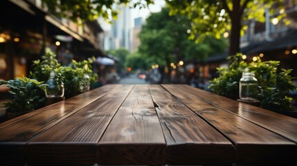 Obraz premium Wooden table top with blurred coffee shop background and lots of trees