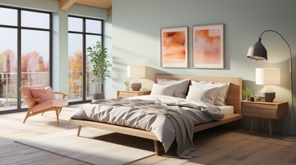 pastel colored bedroom with a large lamp bed, wardrobe and window with a beautiful view