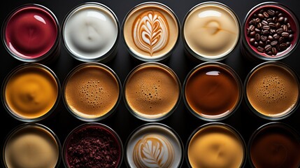 Aerial view of various coffees on the table