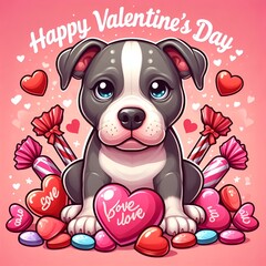 vector image. Cute pitbull with hearts and smarties with words “Happy Valentine’s Day”. dog bring candy