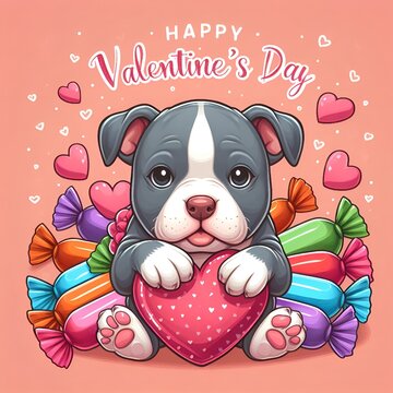 vector image. Cute pitbull with hearts and smarties with words “Happy Valentine’s Day”. dog bring candy
