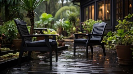 Black chairs on house terrace with wooden floor in green garden with fountain