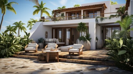 Fototapeta premium Home entrance with white concept, cement and stone floors, tropical plants, outdoor chairs and tables
