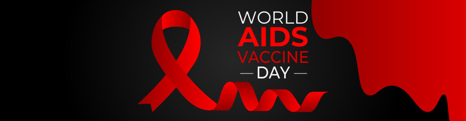 World AIDS Vaccine Day Design. Red AIDS Ribbon and HIV vaccine awareness illustration. banner, cover, poster, flyer, card, website, brochure, backdrop, HBV, Vaccine, Ribbon, AIDS, Syringe. vector - Powered by Adobe