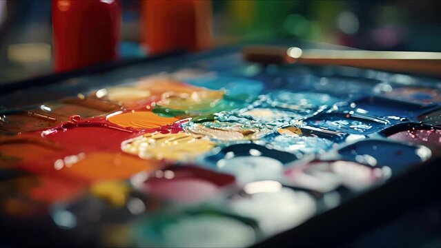 Macro image of a paint palette, filled with an array of different colors being used to meticulously paint a miniature set piece from a critically acclaimed television series.